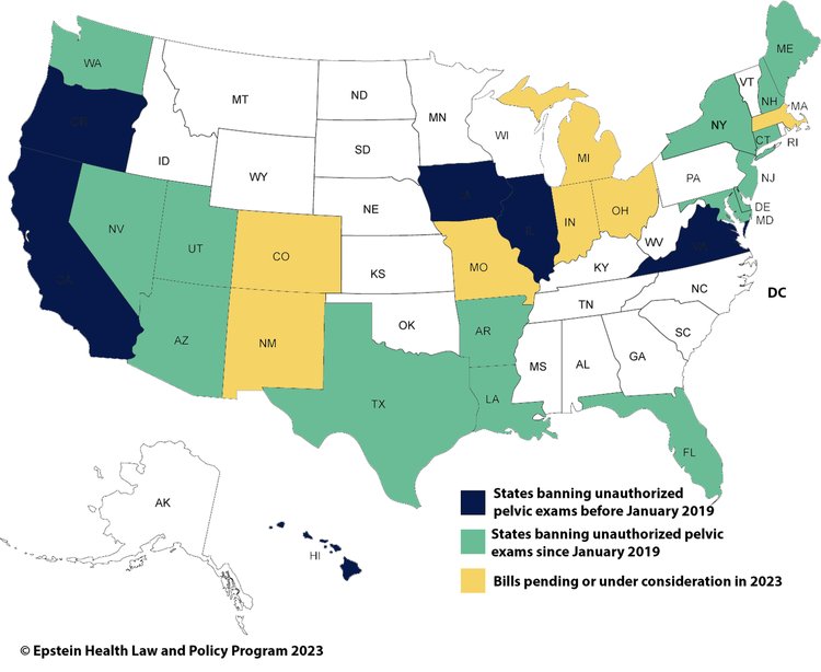 Epstein Health Law map of states banning unauthorized pelvic exams