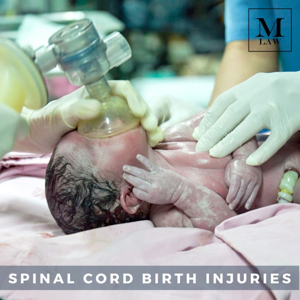 newborn infant suffering from spinal cord birth injury receives oxygen from doctors