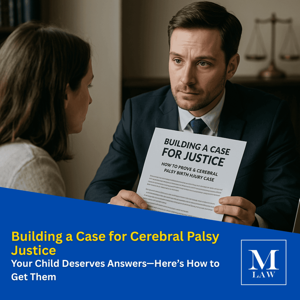 A concerned parent consults with a Merson Law attorney in a New York office about proving medical negligence in a cerebral palsy birth injury case.